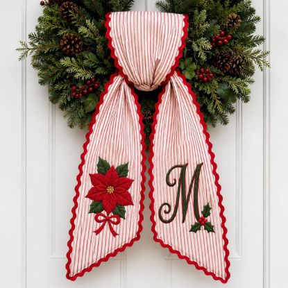 Picture of Personalized Poinsettia Wreath Bow, Embroidered Christmas Door Bow, Custom Holiday Wreath Sash, Farmhouse Front Door Decor, Christmas Bow