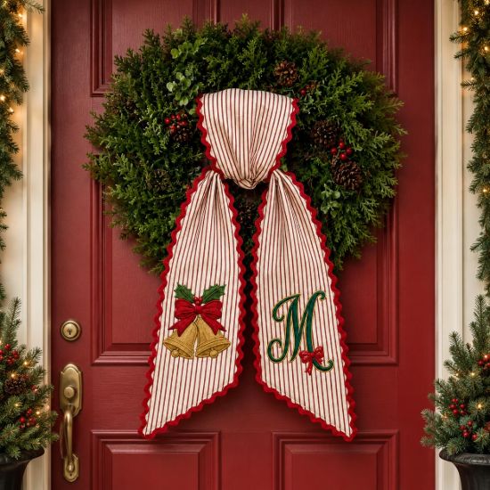 Picture of Personalized Christmas Bells Wreath Bow, Embroidered Holiday Door Bow, Custom Christmas Wreath Sash, Farmhouse Front Door Decor, Xmas Bow