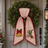 Picture of Personalized Christmas Bells Wreath Bow, Embroidered Holiday Door Bow, Custom Christmas Wreath Sash, Farmhouse Front Door Decor, Xmas Bow