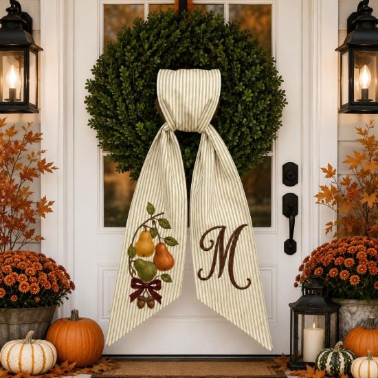 Picture of Personalized Pear Wreath Bow, Embroidered Fall Door Bow, Custom Autumn Wreath Sash, Harvest Front Door Decor, Farmhouse Thanksgiving Bow