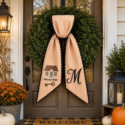 Picture of Personalized Welcome Home Wreath Bow, Embroidered Housewarming Door Bow, Custom Front Door Wreath Sash, Realtor Closing Farmhouse Home Decor