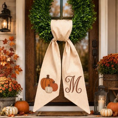 Picture of Personalized Pumpkin Wreath Bow, Embroidered Fall Door Bow, Custom Initial Autumn Wreath Sash,Thanksgiving Front Door Decor, Farmhouse Decor