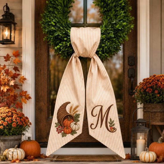 Picture of Personalized Cornucopia Wreath Bow, Embroidered Thanksgiving Door Bow, Custom Fall Wreath Sash, Harvest Front Decor, Farmhouse Autumn Bow