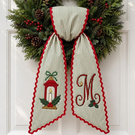 Picture of Personalized Christmas Lantern Wreath Bow, Embroidered Holiday Door Bow, Custom Christmas Wreath Sash, Farmhouse Front Door Decor, Xmas Bow