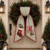 Picture of Personalized Christmas Stocking Wreath Bow, Embroidered Holiday Door Bow, Custom Christmas Wreath Sash, Farmhouse Front Door Decor, Xmas Bow