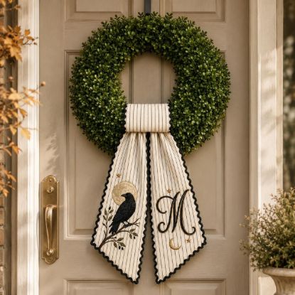 Picture of Personalized Raven Wreath Bow, Embroidered Gothic Halloween Door Bow, Custom Moon Wreath Sash, Spooky Front Door Decor, Dark Cottagecore Bow