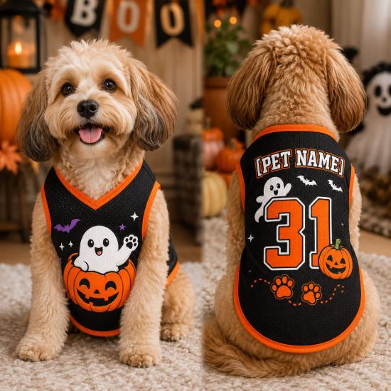 Picture of Personalized Halloween Dog Jersey, Custom Ghost Pumpkin Dog Shirt, Custom Pet Halloween Jersey, Custom Pet Jersey, Halloween Dog Gift