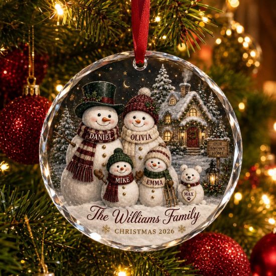 Picture of Personalized Family Snowman Crystal Glass Ornament, Custom Names and Pet, Christmas Keepsake, Family Holiday Gift, Christmas Tree Decor 2026