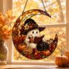 Picture of Personalized Halloween Ghost Moon Suncatcher, Custom Acrylic Hanging, Witch Ghost Fall Decor, Black Cat Pumpkin Ornament, Autumn SunCatcher