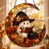 Picture of Personalized Halloween Ghost Moon Suncatcher, Custom Acrylic Hanging, Witch Ghost Fall Decor, Black Cat Pumpkin Ornament, Autumn SunCatcher
