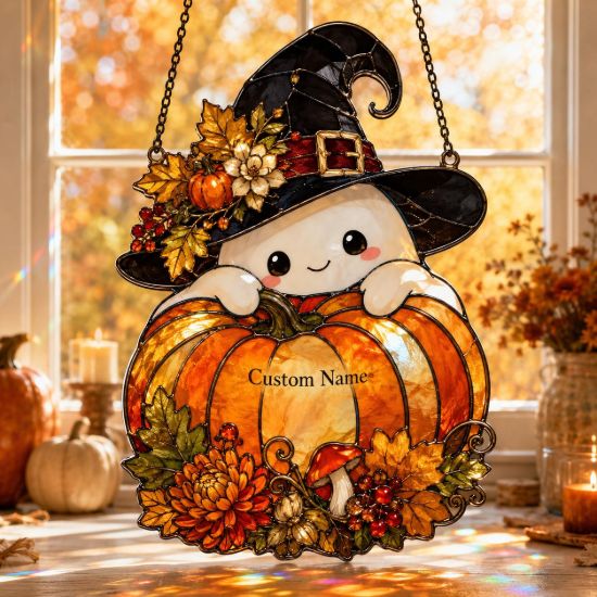 Picture of Personalized Halloween Ghost Pumpkin Suncatcher, Custom Acrylic Window Hanging,Cute Witch Ghost Decor, Fall Pumpkin Ornament, Halloween Gift