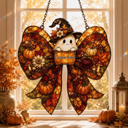 Picture of Personalized Halloween Ghost Bow Suncatcher, Custom Acrylic Window Hanging, Cute Witch Ghost Decor, Pumpkin Autumn Ornament, Halloween Gift