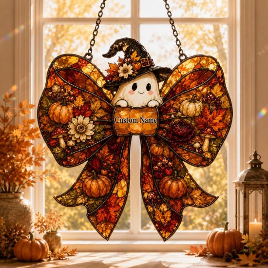 Picture of Personalized Halloween Ghost Bow Suncatcher, Custom Acrylic Window Hanging, Cute Witch Ghost Decor, Pumpkin Autumn Ornament, Halloween Gift