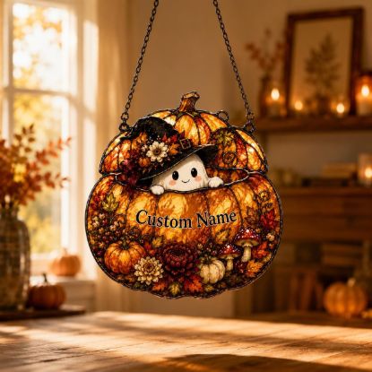Picture of Personalized Pumpkin Ghost Suncatcher, Custom Acrylic Halloween Window Hanging, Cute Witch Ghost Fall Decor, Pumpkin Ornament, Autumn Home