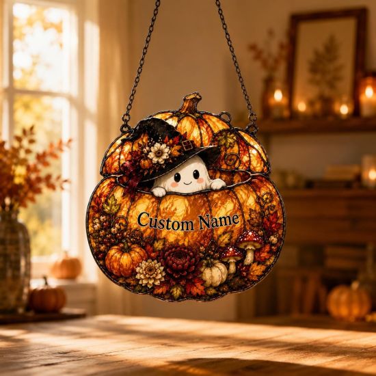 Picture of Personalized Pumpkin Ghost Suncatcher, Custom Acrylic Halloween Window Hanging, Cute Witch Ghost Fall Decor, Pumpkin Ornament, Autumn Home