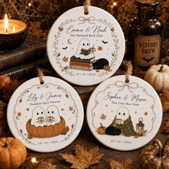 Picture of Personalized Ghost Couple Halloween Ornament, Custom Cute Ghost Book Club Ceramic Ornament, Fall Pumpkin Keepsake Gift Halloween Gift