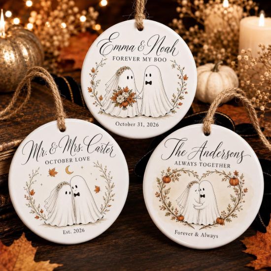 Picture of Personalized Ghost Couple Halloween Ornament, Custom Ceramic Wedding Ornament, Spooky Newlywed Gift, First Halloween Married Keepsake