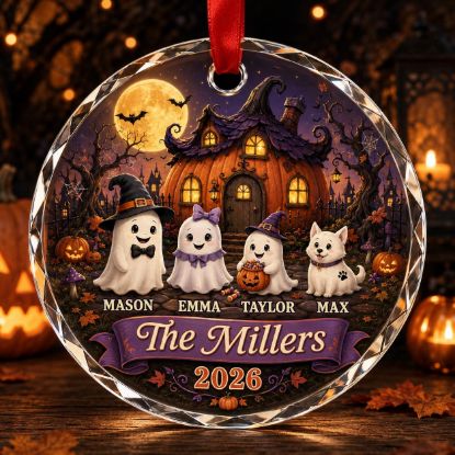 Picture of Personalized Halloween Family Glass Ornament, Custom Ghost Pumpkin House Crystal Ornament, Family Name Halloween Keepsake Gift 2026 Ornament
