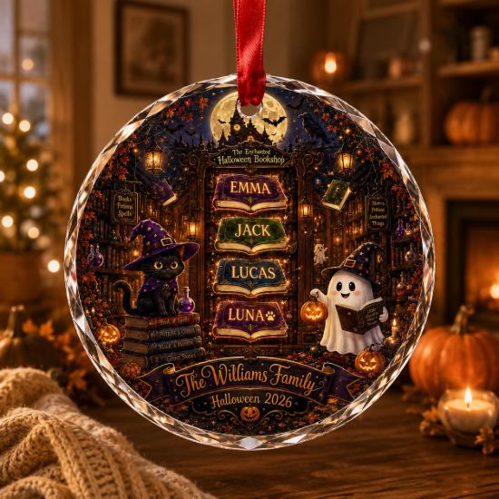 Picture of Personalized Halloween Book Ornament, Custom Family Library Glass Ornament, Halloween Bookshelf Crystal Keepsake Gift for Readers Halloween