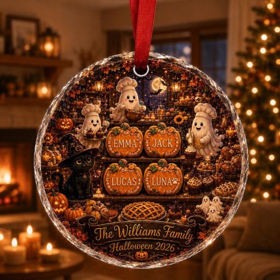 Picture of Personalized Halloween Bakery Glass Ornament, Custom Ghost Baker Family Ornament, Pumpkin Cookie Keepsake, Black Cat Halloween Gift 2026