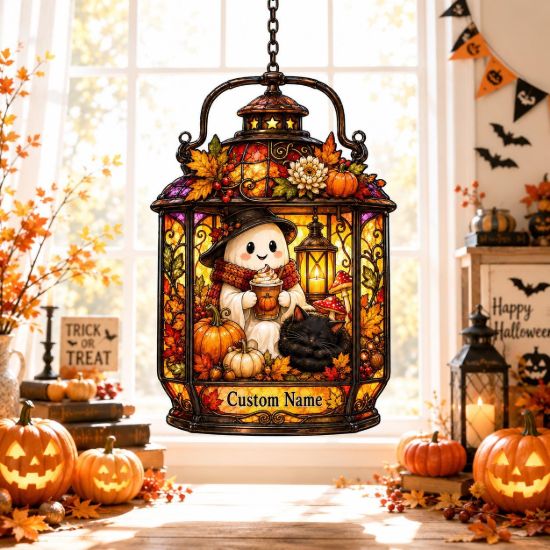 Picture of Personalized Halloween Ghost Suncatcher, Custom Acrylic Glass Window Hanging, Cute Ghost Pumpkin Cat Fall Decor Gift Ornament Hanging