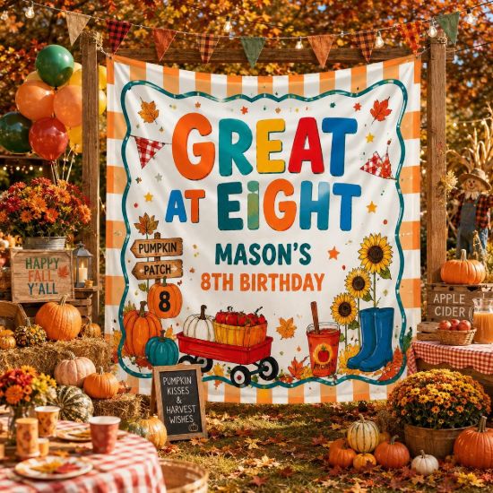 Picture of Great at Eight Birthday Backdrop, Personalized 8th Birthday Banner, Custom Name Pumpkin Patch Party Tapestry, Fall Halloween Birthday Decor
