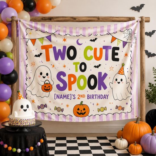 Picture of Two Cute to Spook 2nd Birthday Backdrop, Personalized Halloween Party Banner, Custom Name Ghost Birthday Tapestry, Spooky Birthday Decor