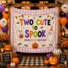 Picture of Two Cute to Spook 2nd Birthday Backdrop, Personalized Halloween Party Banner, Custom Name Ghost Birthday Tapestry, Spooky Birthday Decor