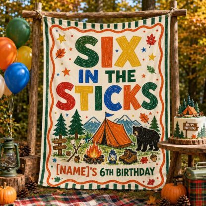 Picture of Six in the Sticks 6th Birthday Backdrop, Personalized Camping Birthday Banner, Custom Name Woodland Party Tapestry, Outdoor Adventure Decor