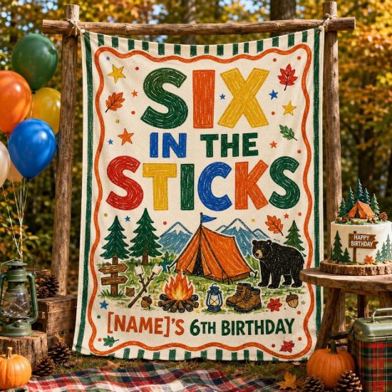 Picture of Six in the Sticks 6th Birthday Backdrop, Personalized Camping Birthday Banner, Custom Name Woodland Party Tapestry, Outdoor Adventure Decor