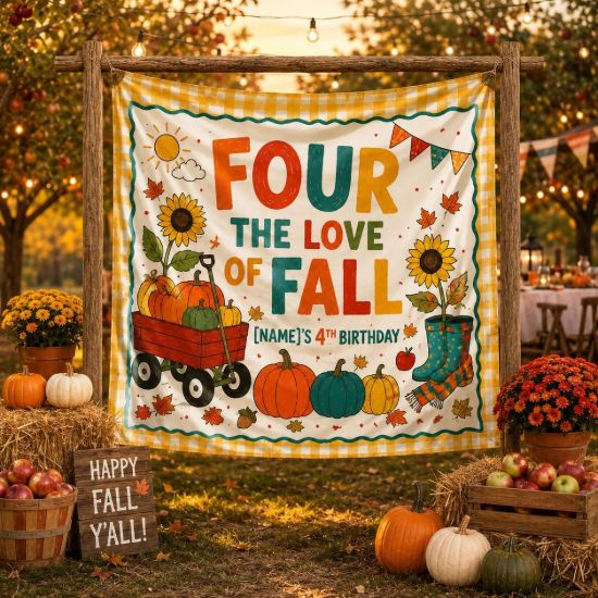 Picture of Four the Love of Fall 4th Birthday Backdrop, Personalized Pumpkin Party Banner, Custom Birrthday Banner Decor, Autumn Birthday Tapestry