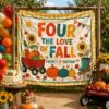 Picture of Four the Love of Fall 4th Birthday Backdrop, Personalized Pumpkin Party Banner, Custom Birrthday Banner Decor, Autumn Birthday Tapestry