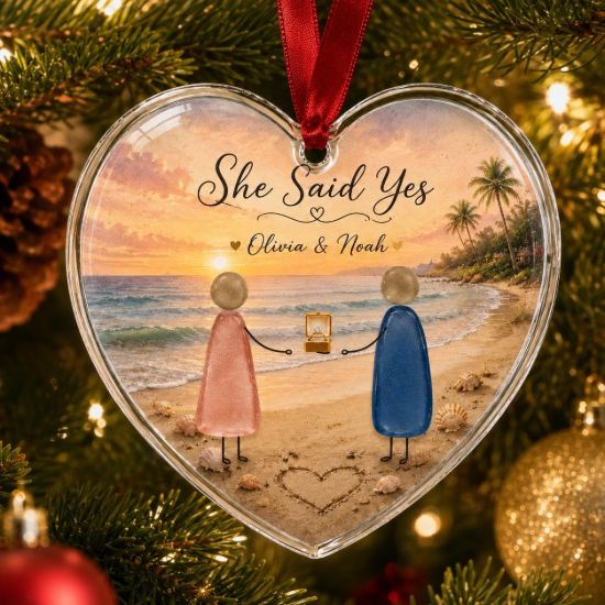 Picture of Personalized Engagement Glass Ornament, She Said Yes Heart Ornament, Custom Couple Beach Proposal Keepsake, Engagement Gift Ornament 2026