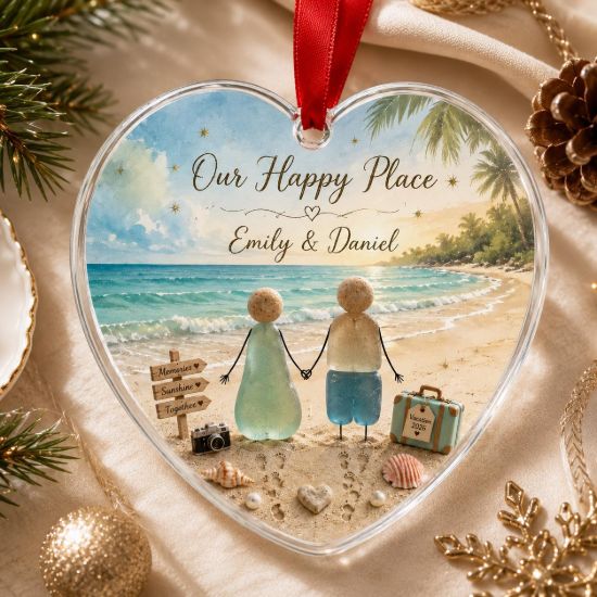 Picture of Personalized Couple Beach Glass Ornament, Our Happy Place Heart Ornament, Custom Names Vacation Keepsake, Romantic Christmas Gift 2026