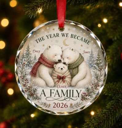 Picture of The Year We Became A Family Ornament 2026, Personalized Glass Christmas Ornament, Custom Family Bear Ornament, New Family Christmas Gift