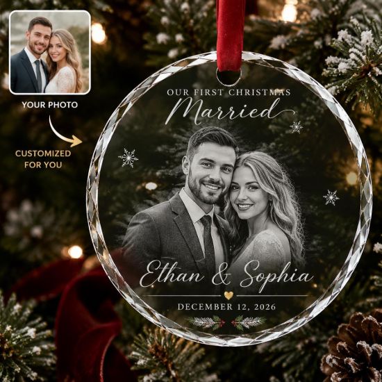 Picture of Personalized First Christmas Married Glass Ornament, Custom Wedding Photo Ornament, Newlywed Christmas Gift, Wedding Couple Keepsake Gift
