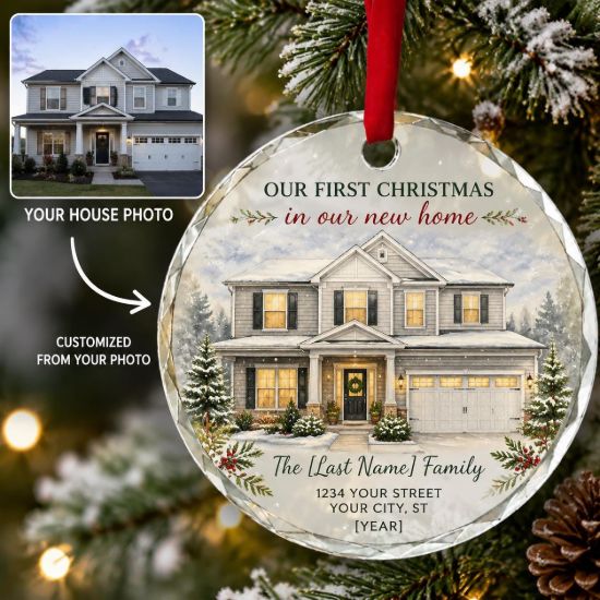 Picture of Personalized New Home Watercolor Glass Ornament, Custom House Ornament, First Christmas New Home Gift, Housewarming Christmas 2026 Keepsake