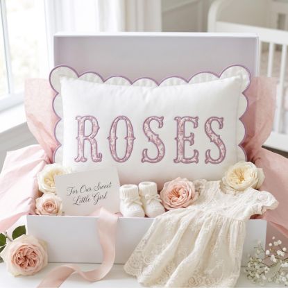 Picture of Personalized Pink Toile Scene Name Pillow, Embroidered Appliqué Scalloped Cushion, Nursery Decor, Baby Shower Gift
