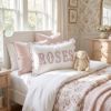Picture of Personalized Pink Toile Scene Name Pillow, Embroidered Appliqué Scalloped Cushion, Nursery Decor, Baby Shower Gift