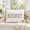 Picture of Personalized Embroidered Name Scalloped Pillow, Chocolate Trim Nursery Cushion, Custom Kids Bedroom Decor, Dorm Room Gift, Heirloom Keepsake
