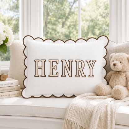 Picture of Personalized Embroidered Name Scalloped Pillow, Chocolate Trim Nursery Cushion, Custom Kids Bedroom Decor, Dorm Room Gift, Heirloom Keepsake