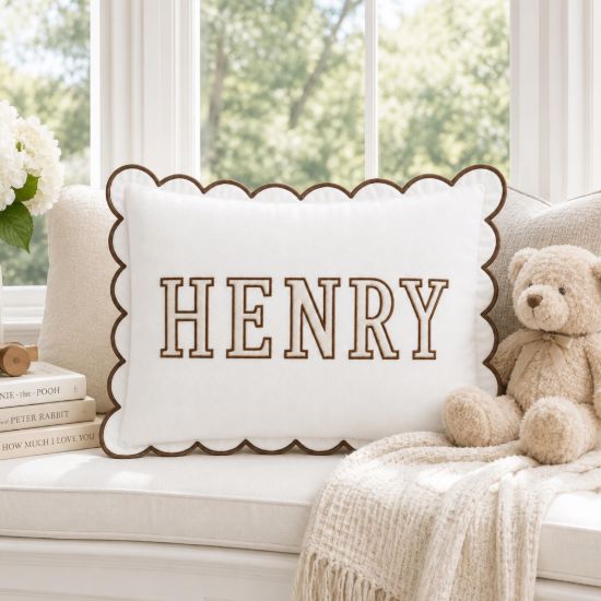 Picture of Personalized Embroidered Name Scalloped Pillow, Chocolate Trim Nursery Cushion, Custom Kids Bedroom Decor, Dorm Room Gift, Heirloom Keepsake