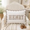 Picture of Personalized Embroidered Name Scalloped Pillow, Chocolate Trim Nursery Cushion, Custom Kids Bedroom Decor, Dorm Room Gift, Heirloom Keepsake
