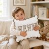Picture of Personalized Embroidered Name Scalloped Pillow, Chocolate Trim Nursery Cushion, Custom Kids Bedroom Decor, Dorm Room Gift, Heirloom Keepsake