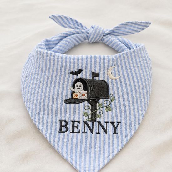 Picture of Personalized Halloween Dog Bandana, Blue Seersucker Dog Bandana, Custom Embroidered Pet Bandana, Ghost Mailbox Puppy Scarf, Fall Dog Gift