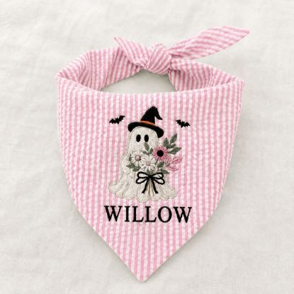 Picture of Personalized Halloween Dog Bandana, Embroidered Witch Ghost Pet Scarf, Custom Pet Name Bandana, Floral Fall Puppy Gift, Spooky Dog Accessory