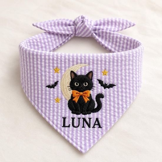 Picture of Personalized Black Cat Halloween Cat Bandana, Embroidered Cat Pet Scarf, Custom Pet Name Bandana, Spooky Fall Puppy Gift for Dog Lovers