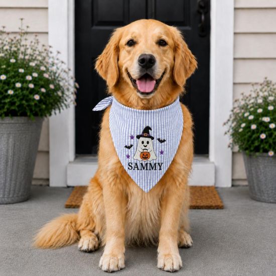 Picture of Personalized Halloween Ghost Dog Bandana, Embroidered Ghost Pet Scarf, Custom Pet Name Bandana, Spooky Pumpkin Puppy Gift for Dog Lovers