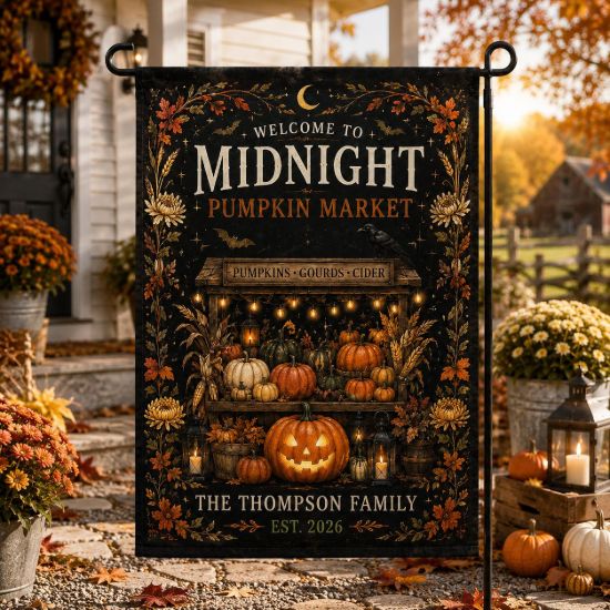 Picture of Personalized Midnight Pumpkin Market Garden Flag, Custom Halloween Garden Flag, Spooky Pumpkin Patch Yard Flag, Family Name Fall Porch Decor