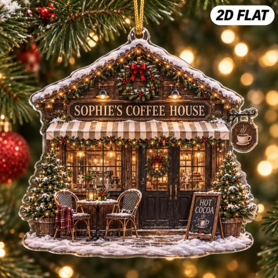 Picture of Personalized Coffee Shop Christmas Ornament, Custom Cafe Ornament, Coffee Lover Gift, Barista Christmas Decor, Coffee House Holiday Keepsake